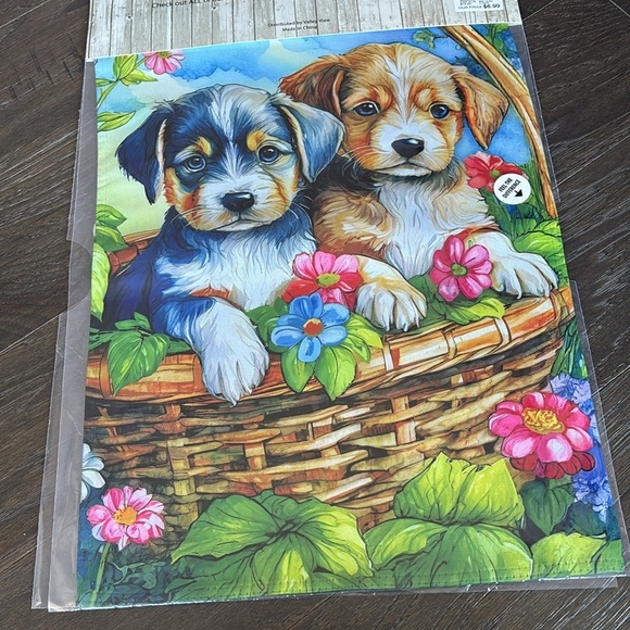 Valley View Garden Flags, 2 pack, Gnome of the Brave & puppies in flower basket - Picture 2 of 5